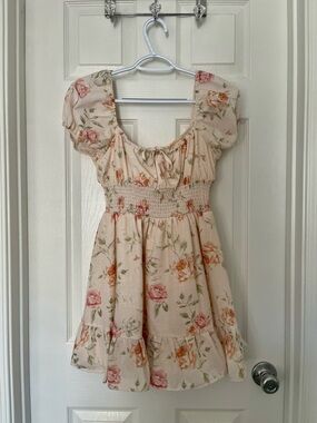 Windsor Floral Puff-Sleeve Mini Dress in Cream, Pink, Green, and Peach